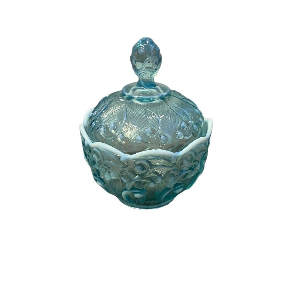 Fenton Aqua Blue Opalescent Lily of the‎ Valley Candy Dish Bowl Art Glass
